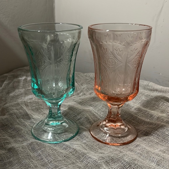 Pink Aqua Glass Federal Depression Recollection Wine Water Goblets mid-century